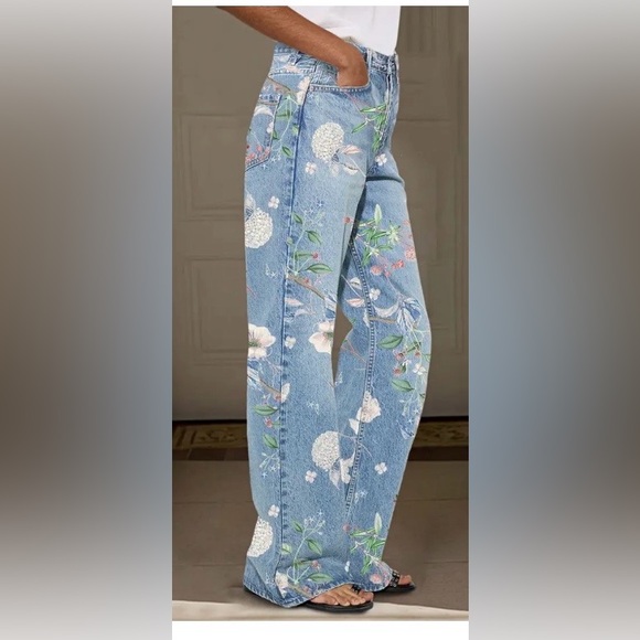 Flamingals Denim - Flamingals Floral Pattern Wash Straight Leg High Waist Jeans